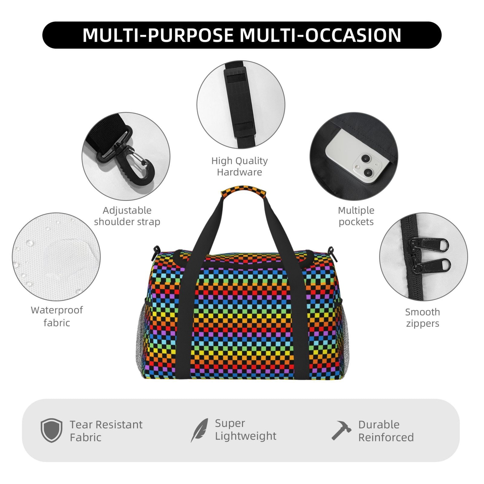 Fuzoiu Rainbow Chequerboard Print Travel Duffle Bag,Carry On Tote Bags,Duffel Bag,Sport Gym Bag, Hospital Bag for Labor and Delivery, Overnight Bag,Luggage Bag