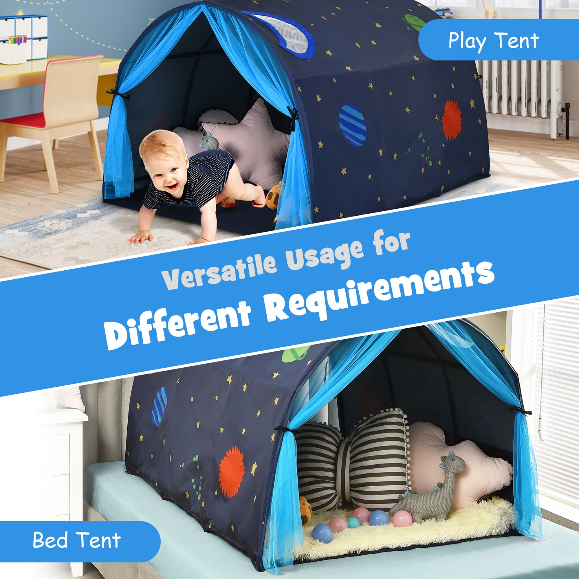 Costway Kids Bed Tent Play Tent Portable Playhouse Twin Sleeping w/Carry Bag Blue