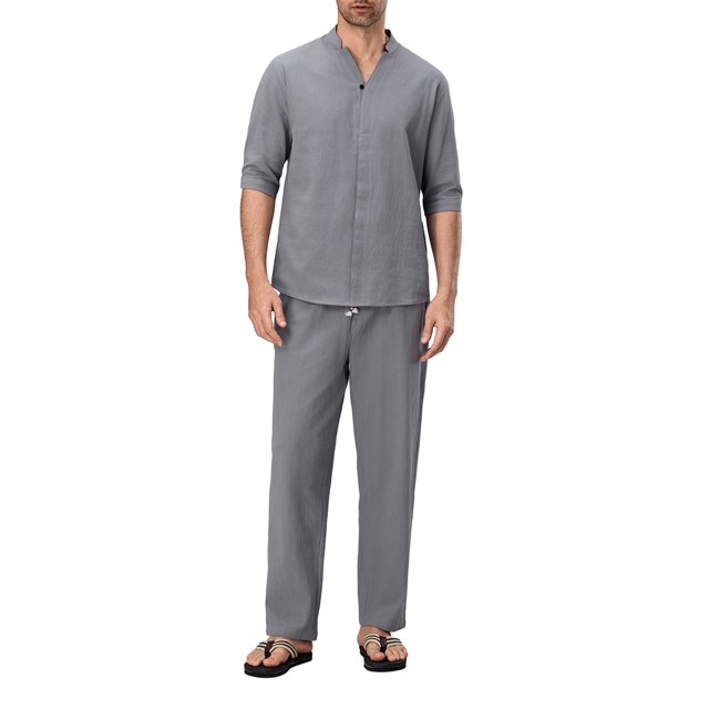 FOCUSNORM Men's Summer Outfits Solid Color V-Neck Half Sleeve Tops with Drawstring Long Pants Cotton Linen Set