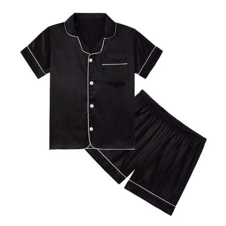 

Boys Girls Satin Pajamas Set Silk Pajamas Short Sleeve for Kids 2 Piece Nightwear Button-Down Classic Sleepwear for Toddler 3-14 Years