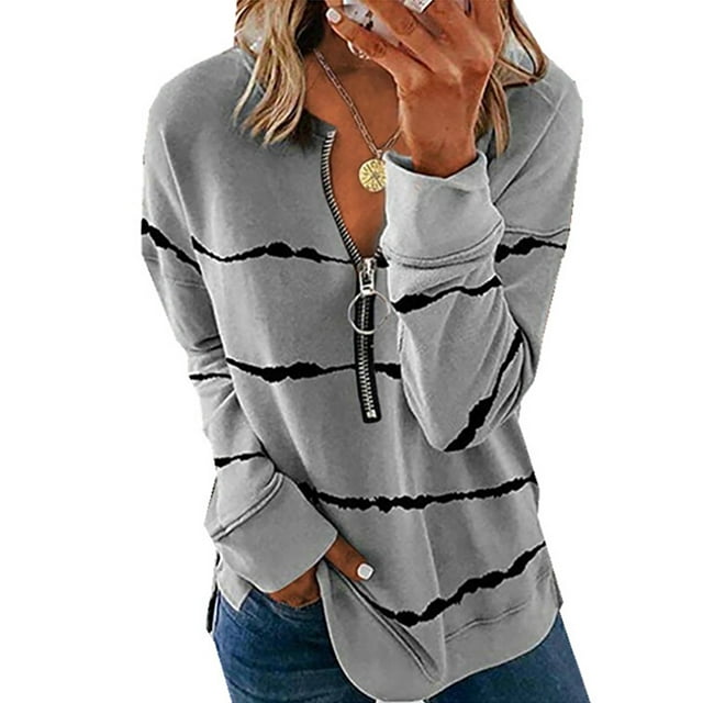 Daeful T-shirt à Manches Longues T-shirt Rayé T-shirt pour Dames à la Mode Décontracté Col en V Chandail Gris m
