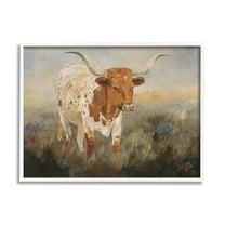 Stupell Industries Longhorn Cattle Grazing Animals & Insects Painting White Framed Art Print Wall Art