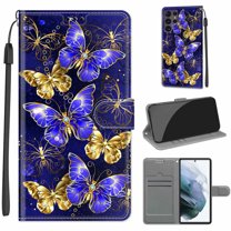 Compatible with Samsung Galaxy S22 Ultra Wallet Case for Men Women, Premium PU Leather Flip Cover with Card Holder, Wrist Strap, Kickstand Shockproof Magnetic Clasp Case, Golden Blue Butterfly