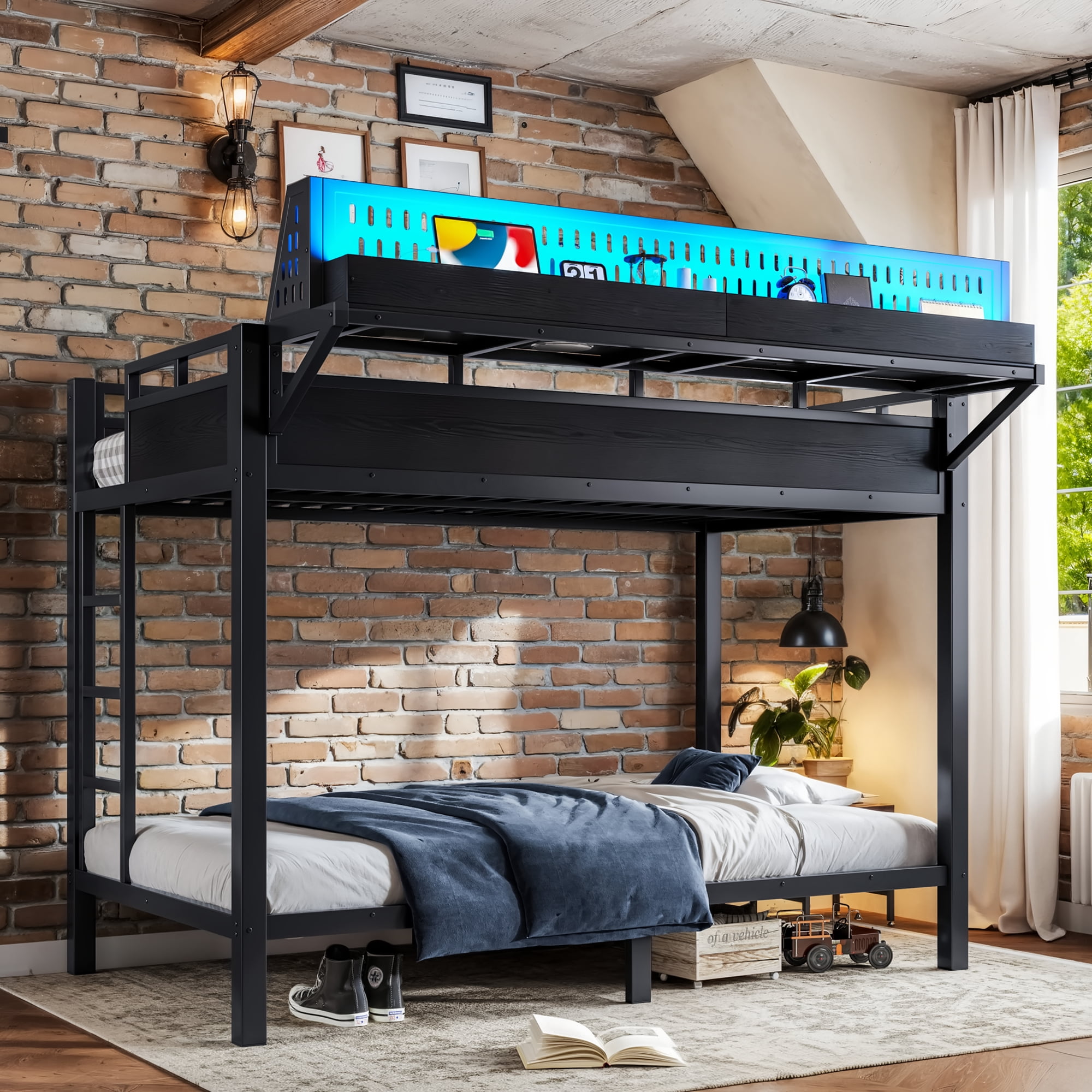 Leumius Twin XL over Twin XL Size Metal Bunk Bed with Storage Shelves and Pegboard, Bunk Bed Frame with USB Ports and LED Lights, Space-Saving for Teens and Adults Black