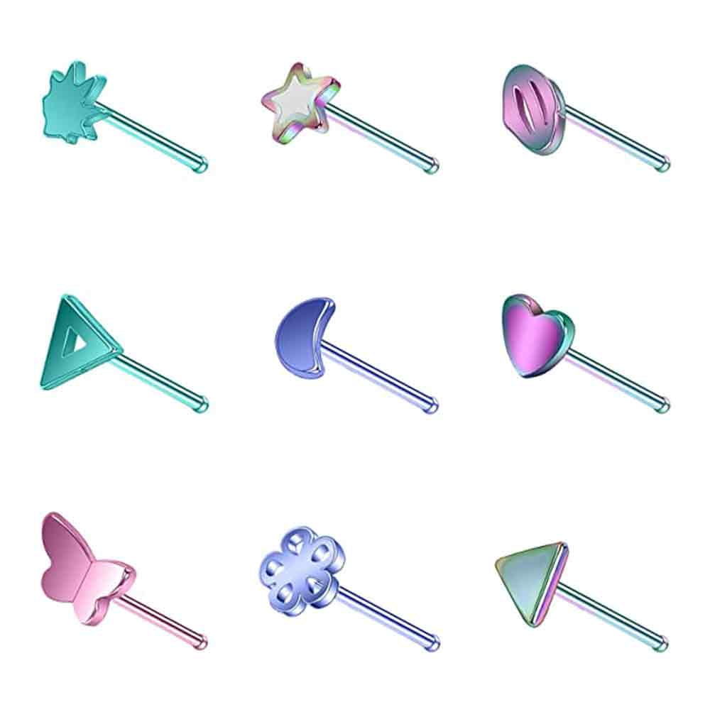 ZS 9PCS 20G Nose Bone Stud Heart Star Nose Piercing Cute Nose Rings