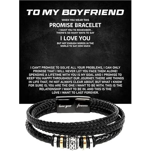 To My Boyfriend Bracelet with Message Card and Box, Love You Forever Engraved Bracelet, Boyfriend Gifts from Girlfriend, Birthday Gift For Boyfriend, Leather Bracelet for Men