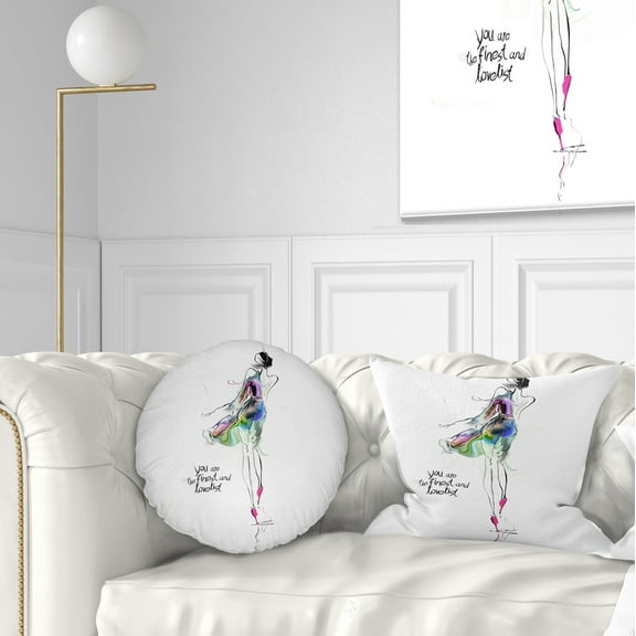 Designart Young Woman Green Purple - Abstract Portrait Throw Pillow - 12x20