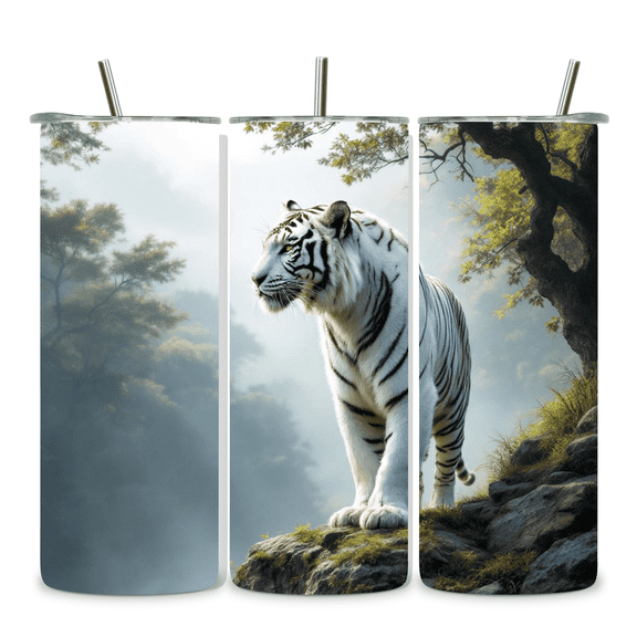 Alpha Printing 20oz Stainless Steel Tumbler – White Tiger on Rock Edge Full-Wrap Wildlife Artwork, Dramatic Big Cat Scene, Insulated Travel Cup