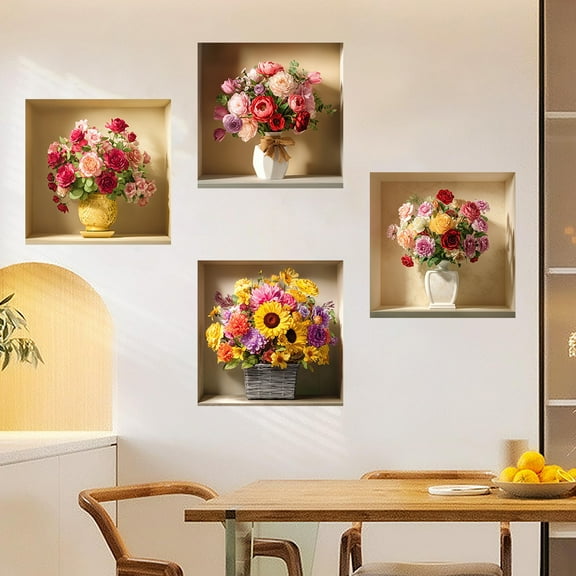 4pcs 3D Vintage Flower Potted Wall Decals, Wall Stickers, Perfect for Living Room, Bedroom, Sofa Staircase Background,and Home Decor