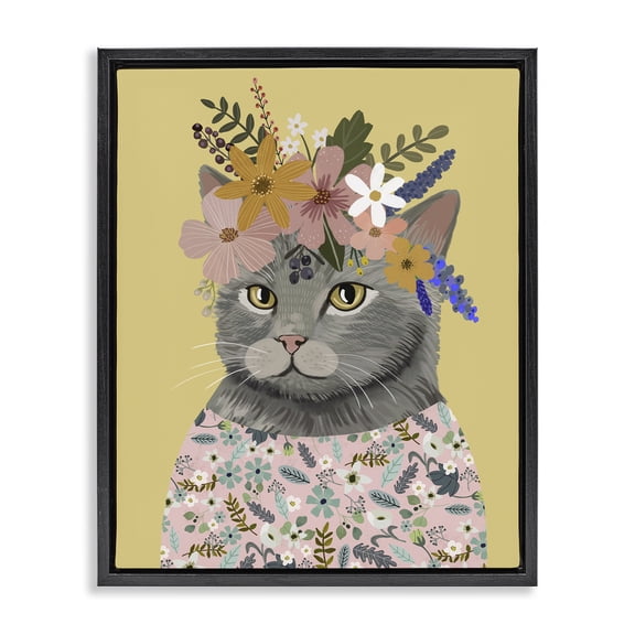 Stupell Industries Bohemian Spring Cat Floral Portrait Black Floating Frame Canvas Art, 17 x 21, by Mia Charro