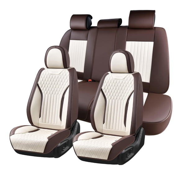 FLORICH Car Seat Covers Full Set, Leather Automotive Seat Cover 5 Seats Waterproof Universal Fit for Most Cars Trucks SUV, Coffee & White