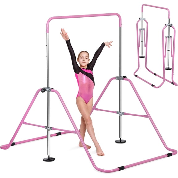 HaloHarness Gymnastics Bar for Kids, Adjustable Height Gymnastic Horizontal Bars, Junior Training Kip Bar, Folding Gymnastics Equipment for Home, Pink