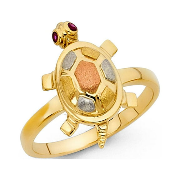 Turtle Ring CZ Solid 14k Yellow White Rose Gold Good Luck Charm Band Polished Finish Tri Color, Size 7