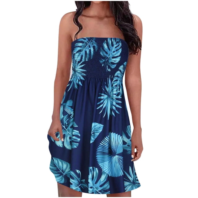 Pompotops Robe Sans Bretelles à Bande Élastique Style Bohème pour Femme Robes Robe Sans Manches à Imprimé Floral