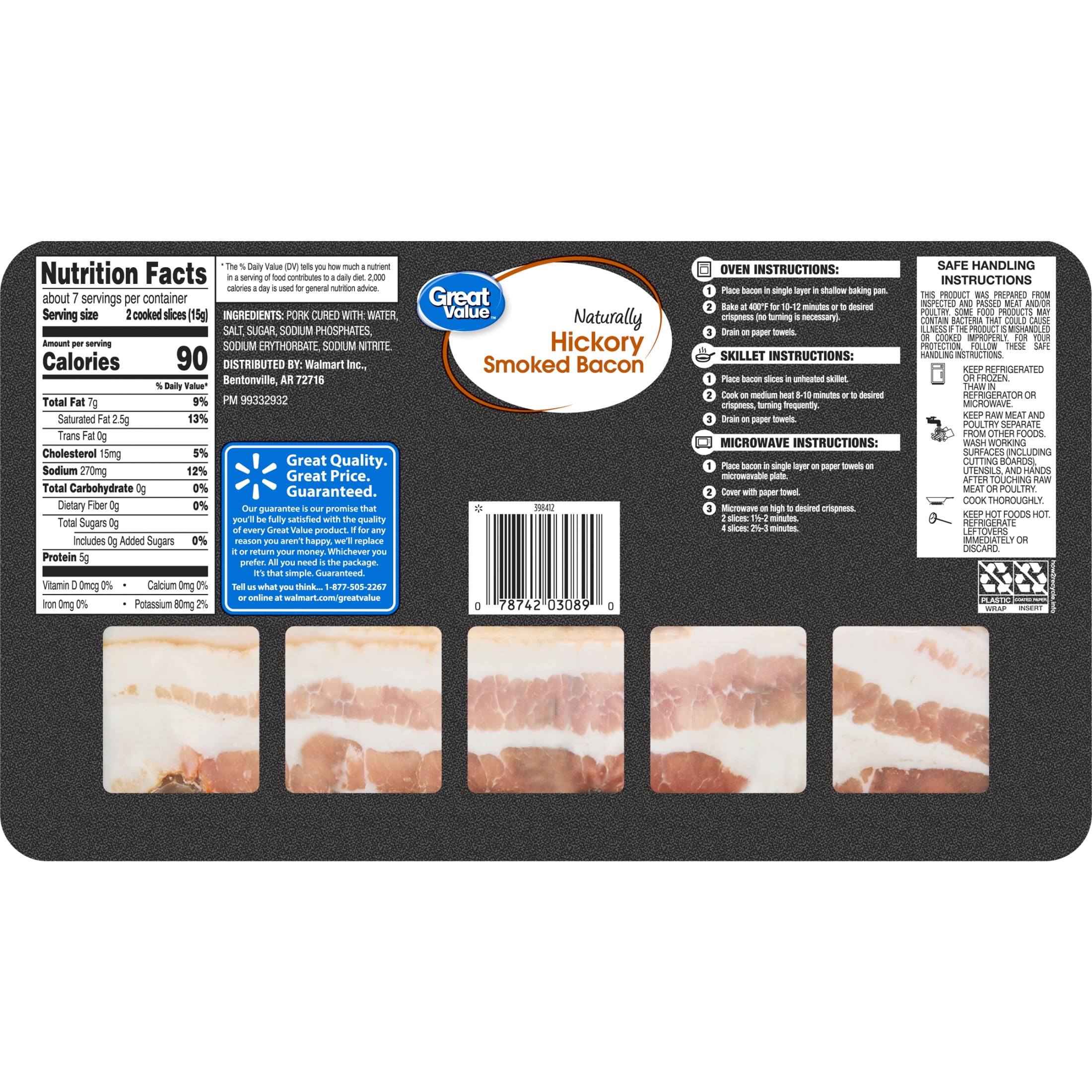 Great Value Naturally Hickory Smoked Sliced Bacon, 12 oz