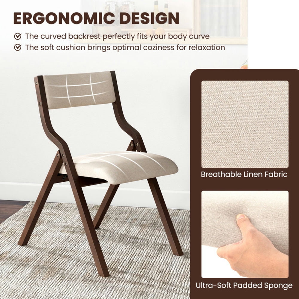 Demi Bonn Set of 2 Wooden Folding Dining Chair with Linen Fabric Padded Seat and Backrest, Brown