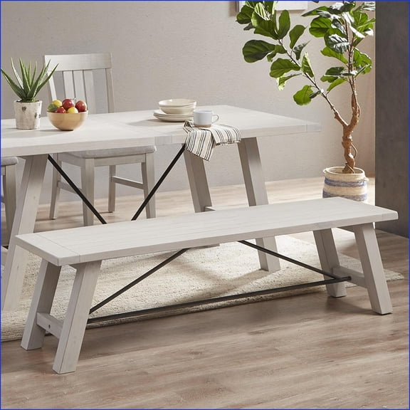 Dining Bench, 66” Solid Wood White Wash Farmhouse | Reclaimed White | Wood