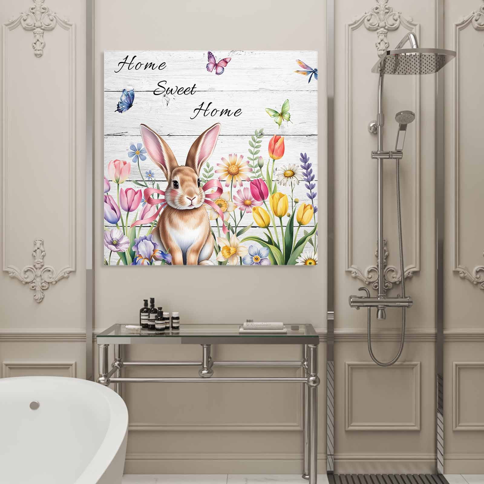 Sweet Home Framed Canvas Wall Art, Easter Bunny Spring Butterflies Flowers Wood Grain Wall Art Painting for Living Room Bedroom Home Decor, 24”x24”, Office Artwork Print