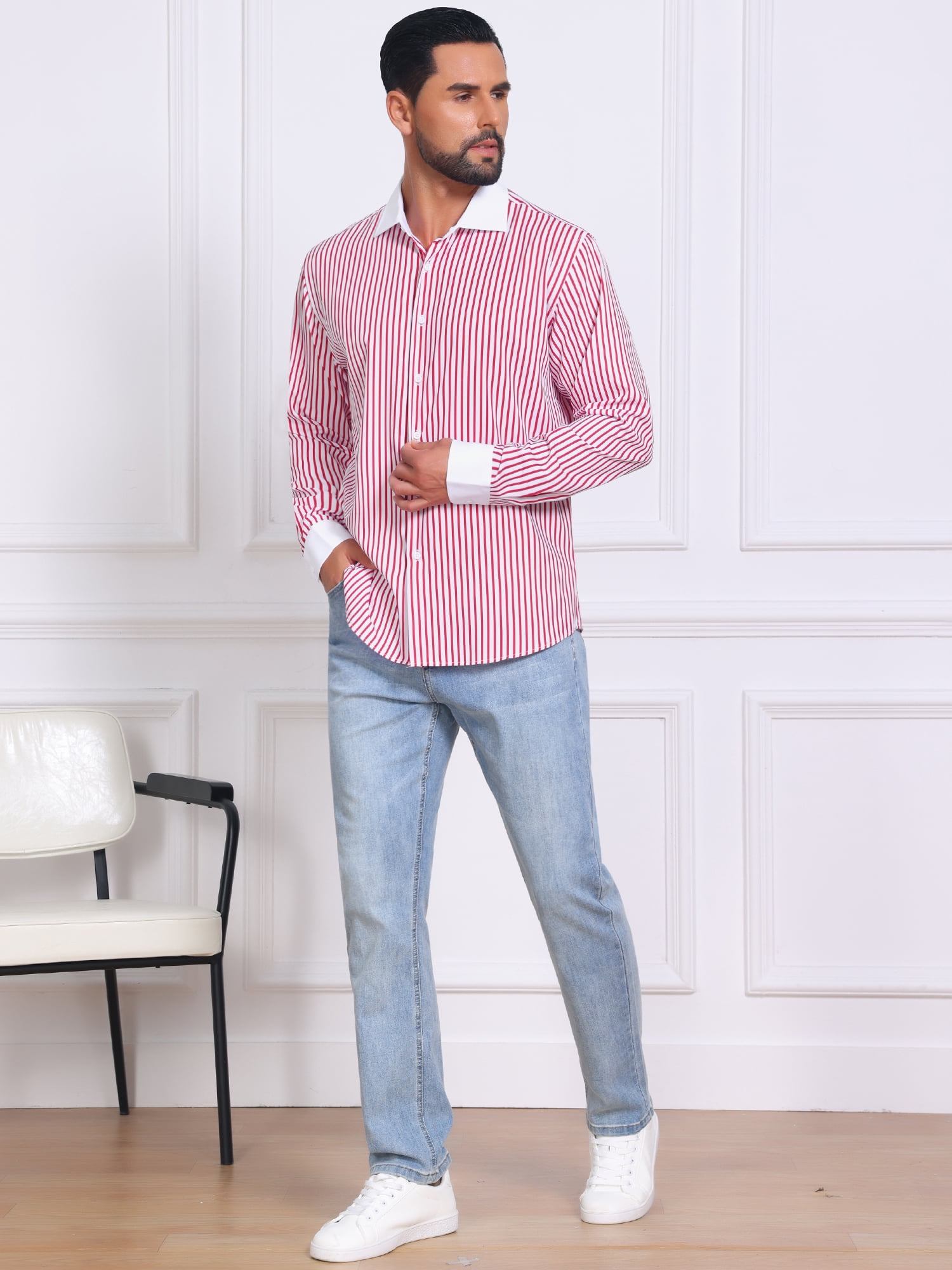 DARING DIVA Men's Striped Button Down Long Sleeve Stretch Shirts 2XL Red