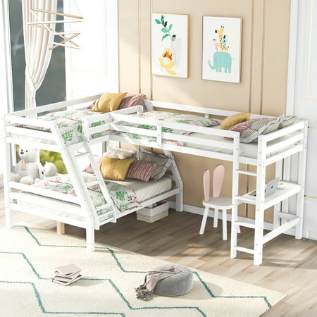 CLEARANCE! L-Shaped Twin over Full Bunk Bed and Twin Size Loft Bed with Built-in Desk White