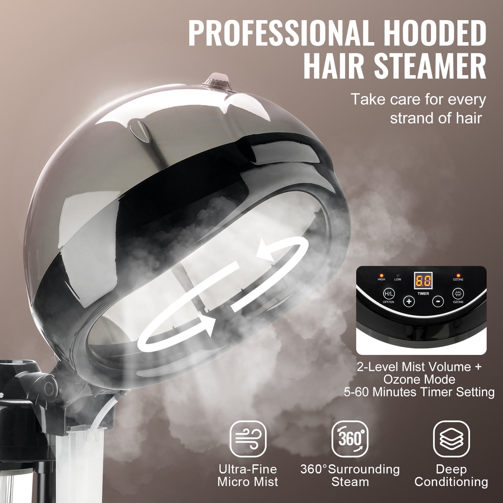 KFFKFF Hair Steamer with Two Functionalities, Hood Size of 11.81 inches, Stand with Variable Height & Timing Feature, 5-Wheel Base (2 Can Be Locked) for Improved Hair Treatment in Home