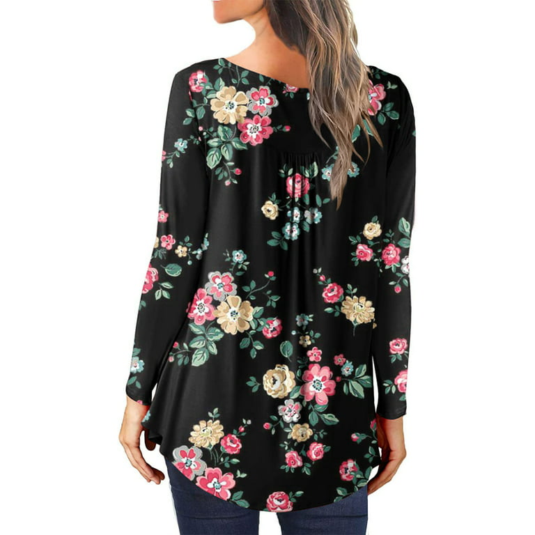 Tunic Tops to Wear with Leggings Dressy Plus Size Tops for Women Comfy  Flowy Pleated Long Shirt Henley Floral Printing Long Sleeve Shirts White L