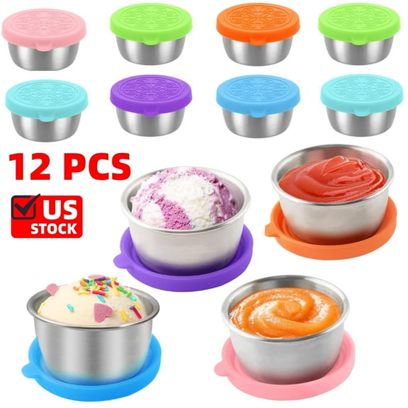 12x1.4 Oz Salad Dressing Container To Go, Small Condiment Containers with Leakproof Silicone Lids, Reusable Stainless Steel Sauce Cups for Lunch Bento Box, Travel and Picnic