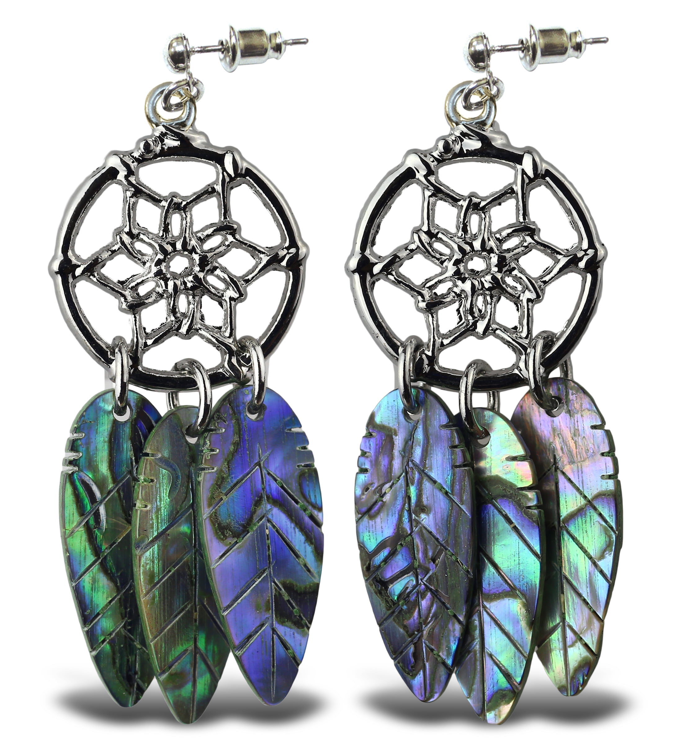 Dream Catcher Earrings Silver Fashion Jewellery Paua Abalone Shell Pendant