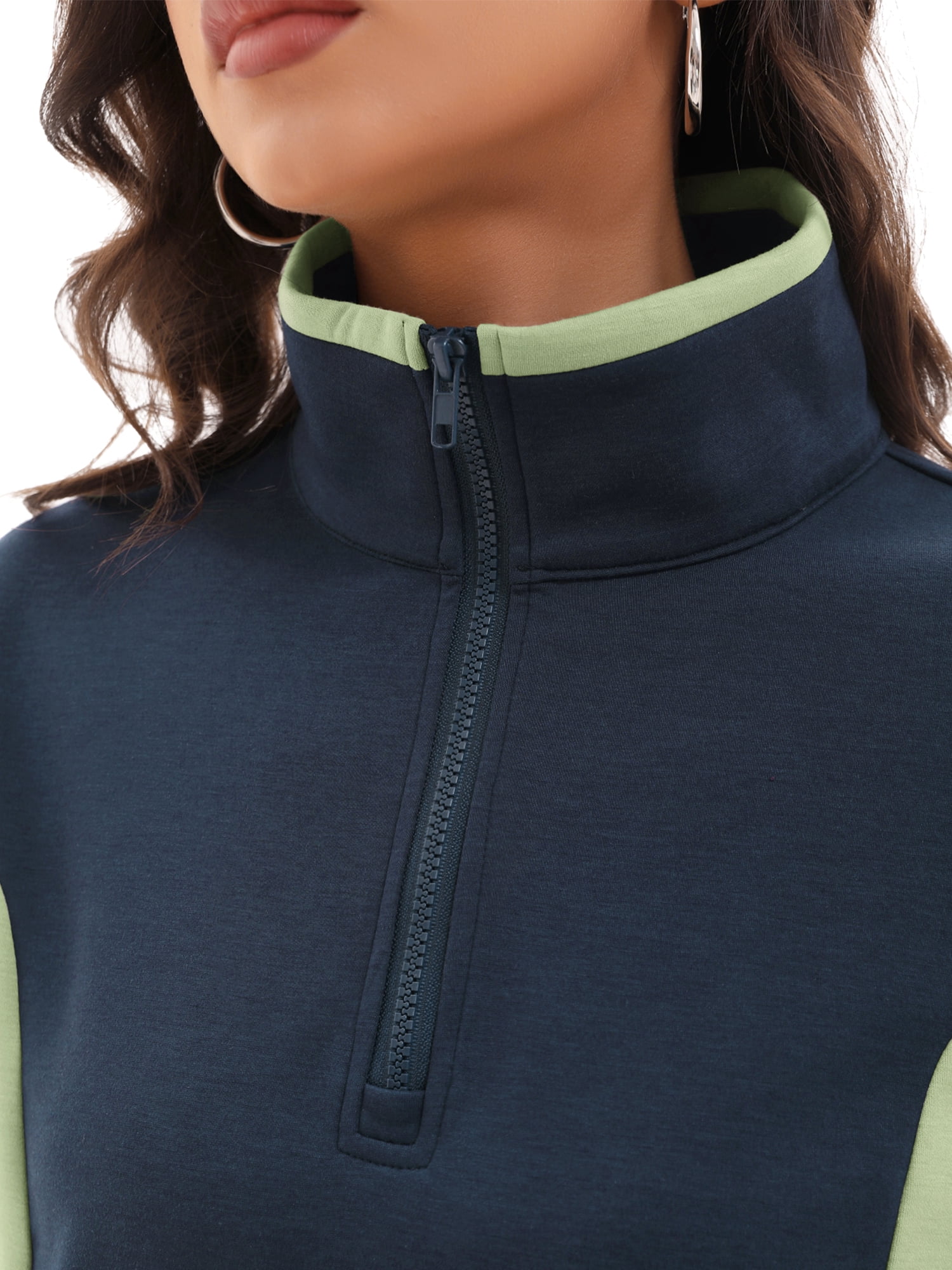 DARING DIVA Women's Quarter Zip Pullover Cropped Sweatshirt L Navy Blue Green