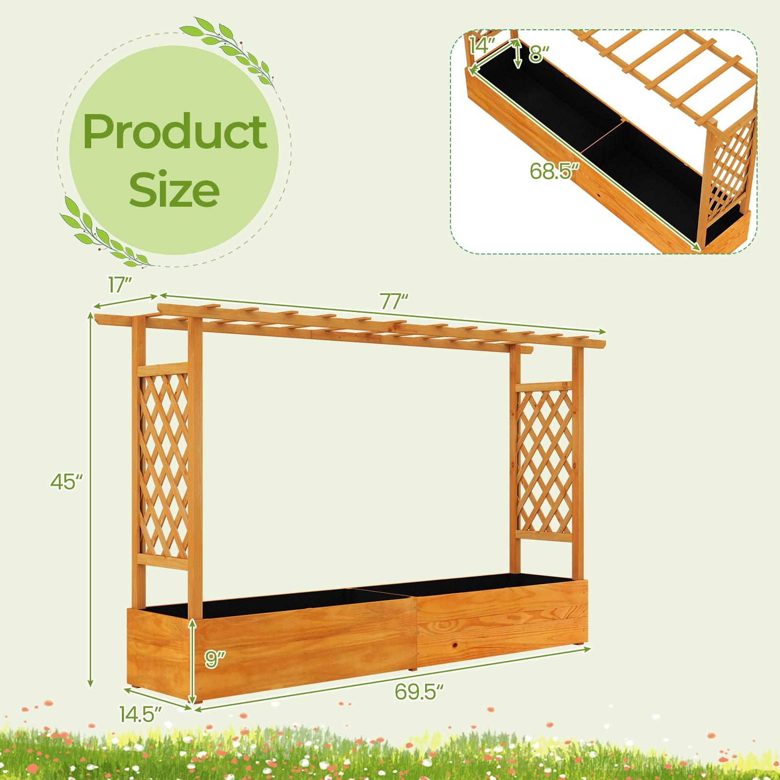 Costway 1 PCS Raised Garden Bed with Trellis Hanging Roof Planter Box Drainage Holes for Patio