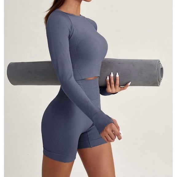 Women Workout Sets 2 Pieces Long Sleeve Yoga Outfits Gym Clothes Seamless Ribbed Crop Top High Waist Leggings Grey S