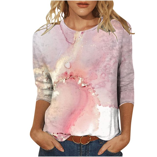 HKEJIAOI T-shirts à Manches 3/4 pour Femmes Col Rond Imprimé Floral Top Femme à Manches Trois-Quarts XXL