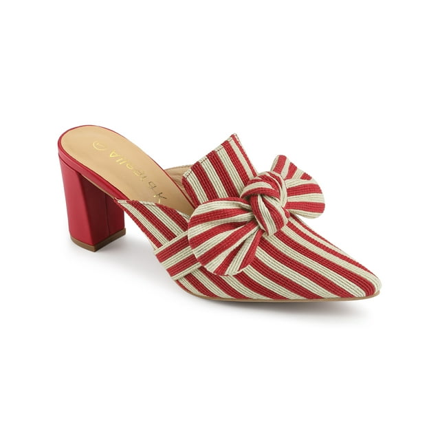 BLISSFUL STEP Mules à Talon Bloc pour Femmes à Rayures avec Nœud, Bout Pointu, Rouges, 9