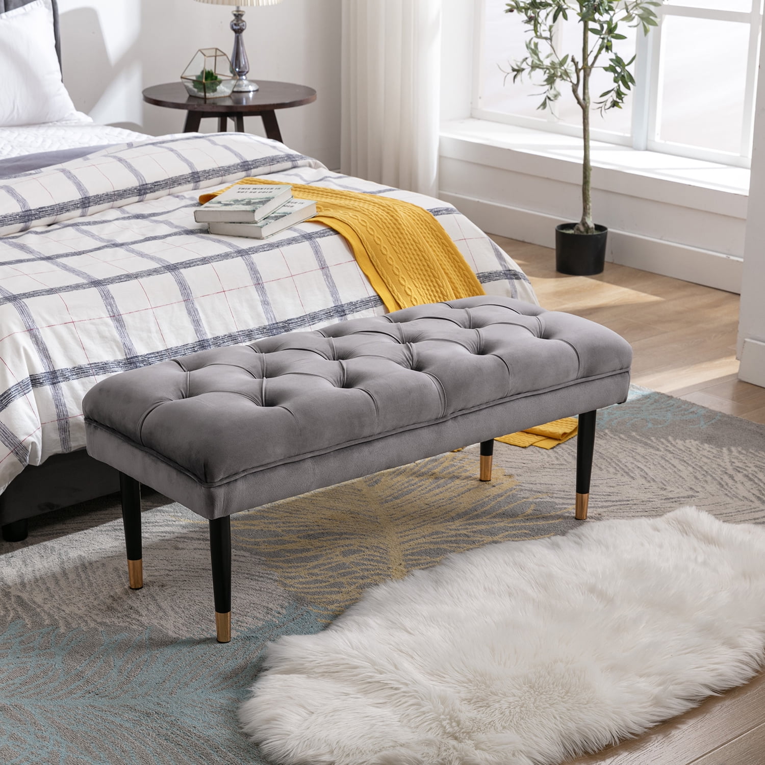 Kadyn Fabric Bench, Modern Velvet Button Ottoman for Living Room Entryway, Upholstered Bench with Metal Legs, Gray Kadyn Fabric Bench, Modern Velvet Button Ottoman for Living Room Entryway, Upholstered Bench with Metal Legs, Gray