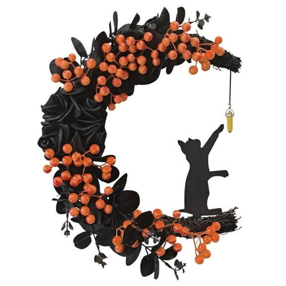 Spooky Halloween Wreath - 2025 New Black Cat Moon Door Decor with Lights for Indoor Outdoor Party Wall, Unique Crescent Moon Wreath Design, Perfect Halloween Decorations for Front Door (Orange)