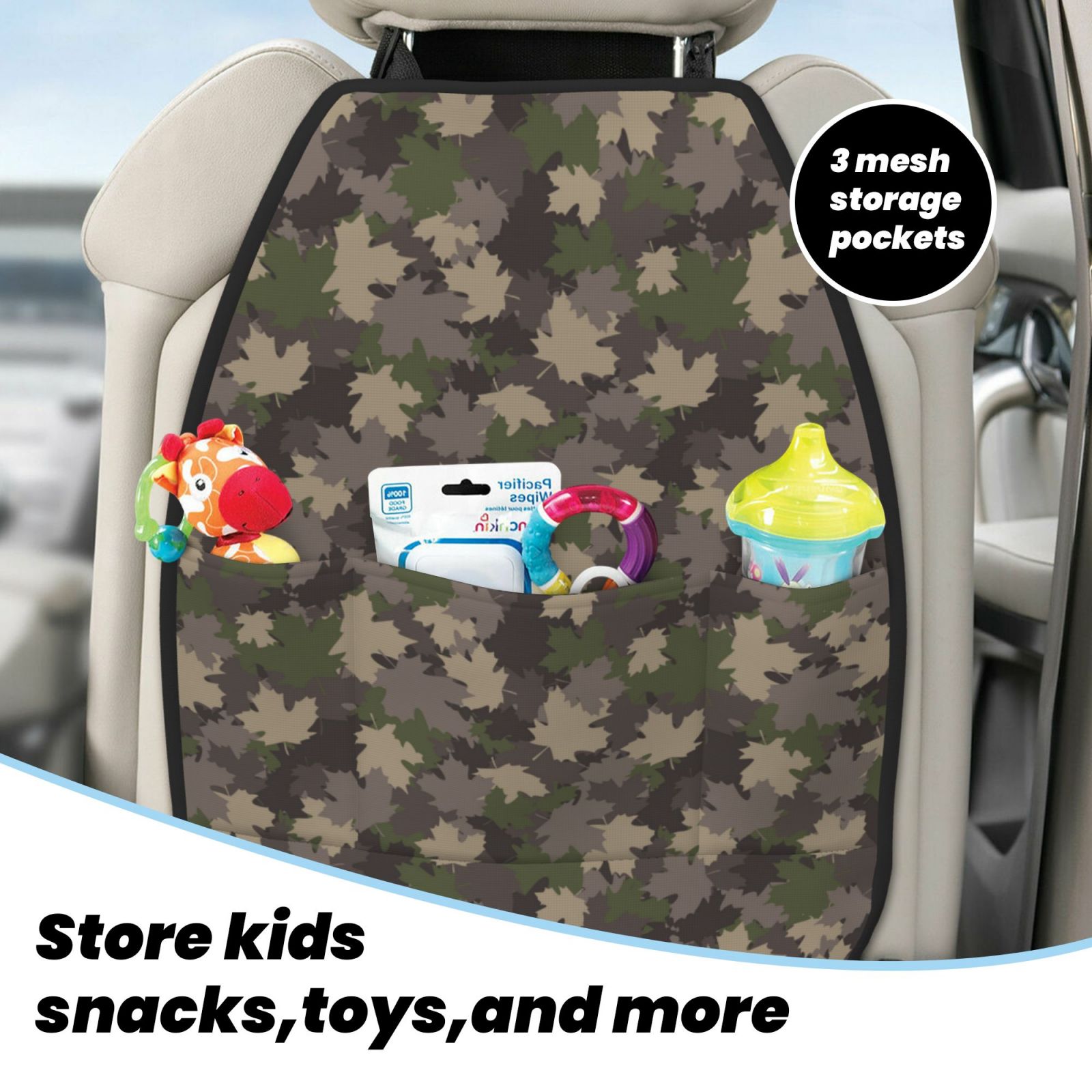 Kdxio Camouflage maple Print 2 Pack Car Kick Mat Seat Cover Back Protector Mat with Pockets for Organizer Backseat Protector and Storage Anti Kick Pad for Vehicles