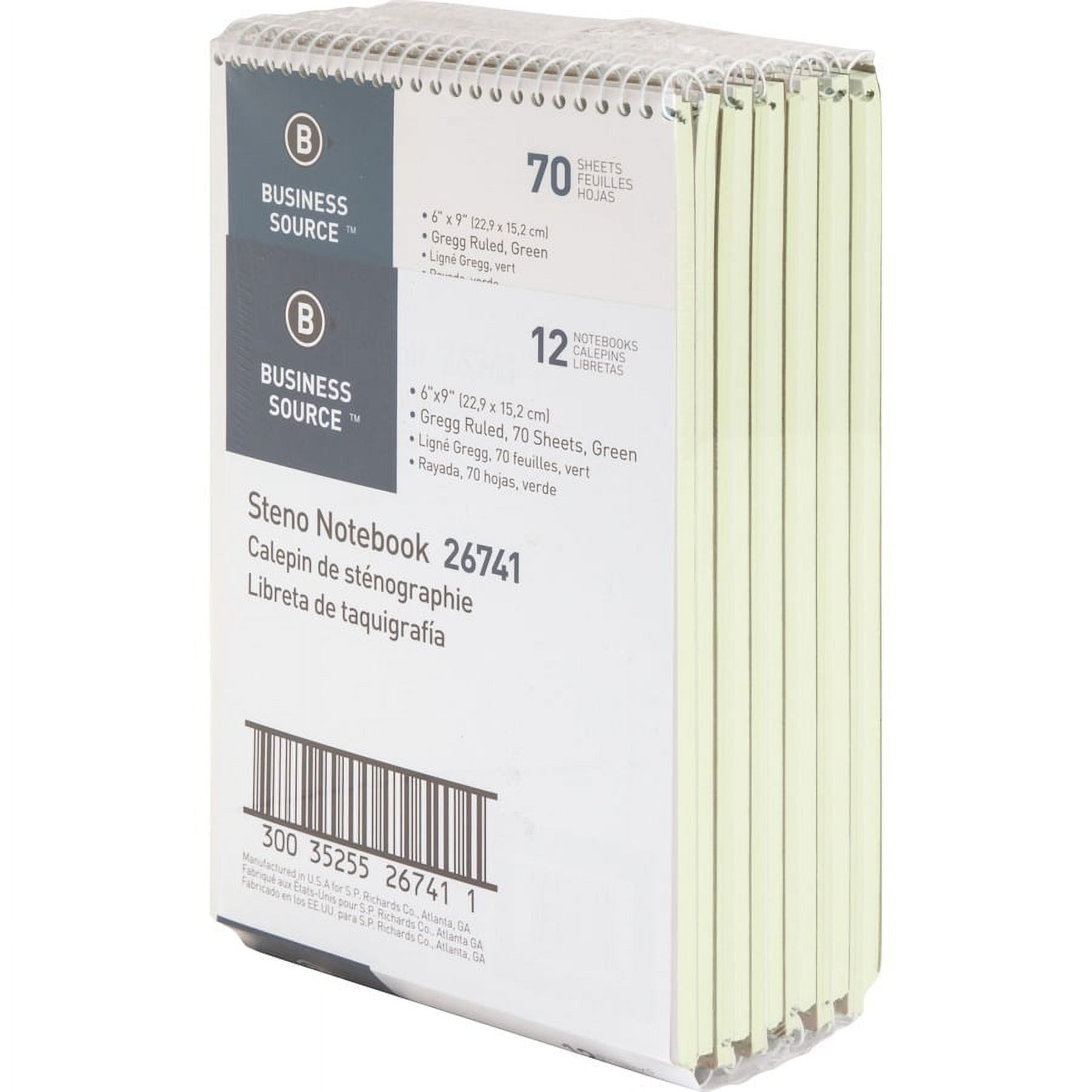 Business Source Wirebound Steno Notebook - 70 Sheets - Wire Bound - 15 Lb Basis Weight - 6" X 9" - Green Paper - 12 / Pack