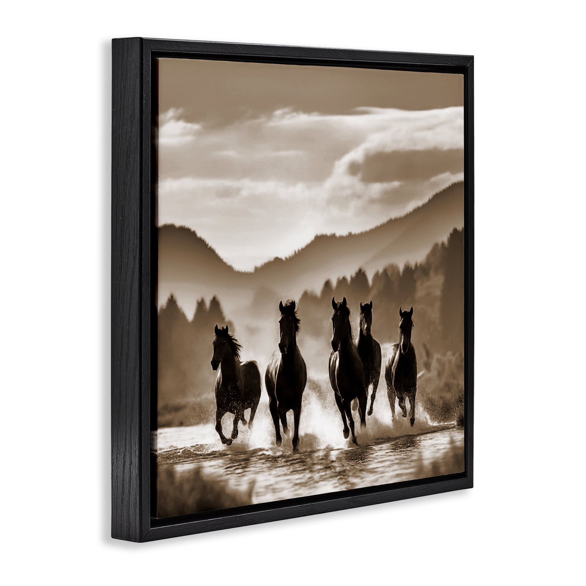 Stupell Industries Splashing Canyon Stallions Animals Painting Black Floater Framed Canvas Art Print Wall Art, 18 x 18