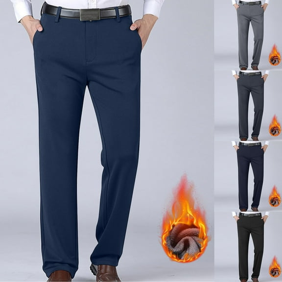 RYDCOT Men's Zipper Non Ironing Suit Pants Straight Leg Casual Plus Velvet Thicken Business Trousers Streetwear Navy