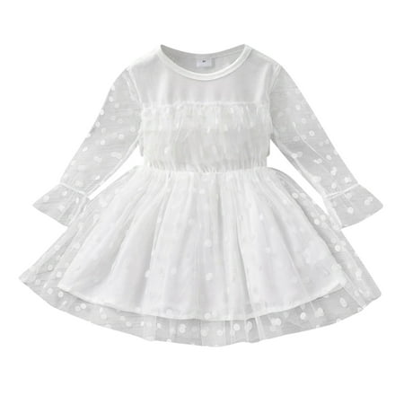 

Wiueurtly Children Kids Toddler Baby Girls Long Sleeve Solid Polka Dot Tulle Dress Princess Dress Outfits Clothes Girls Casual Dress Shoes