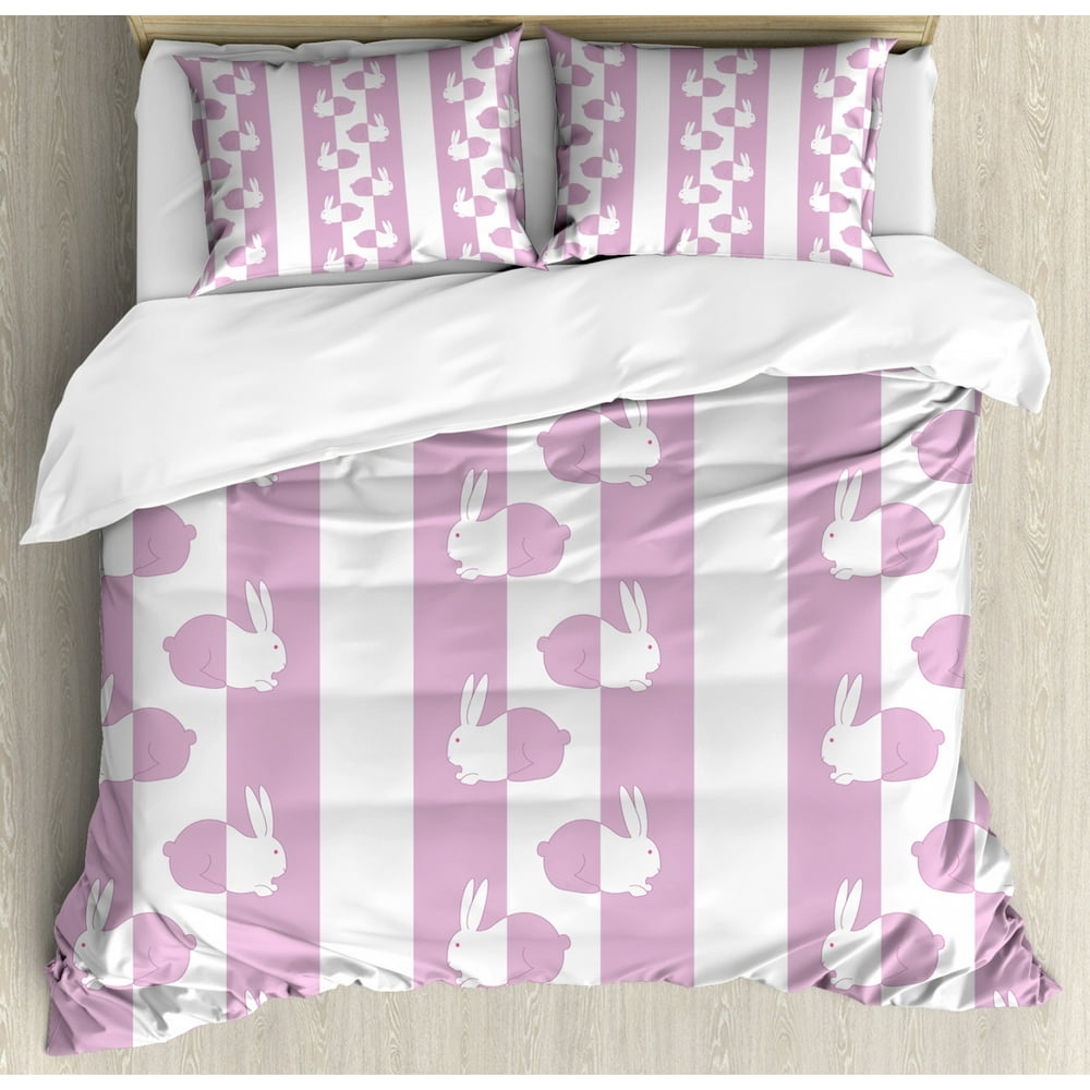 Easter Duvet Cover Set, Cute Bunny Rabbits in Vivid Pastel Tones Animal