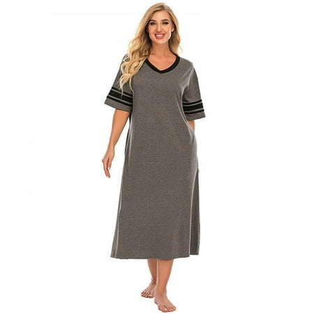 

Clearance Newway Women s Nightgown Cotton V Neck Short Sleeve Sleep Shirt Loose Comfy Pajama Sleepwear Contrast Color Chemise Nightgown