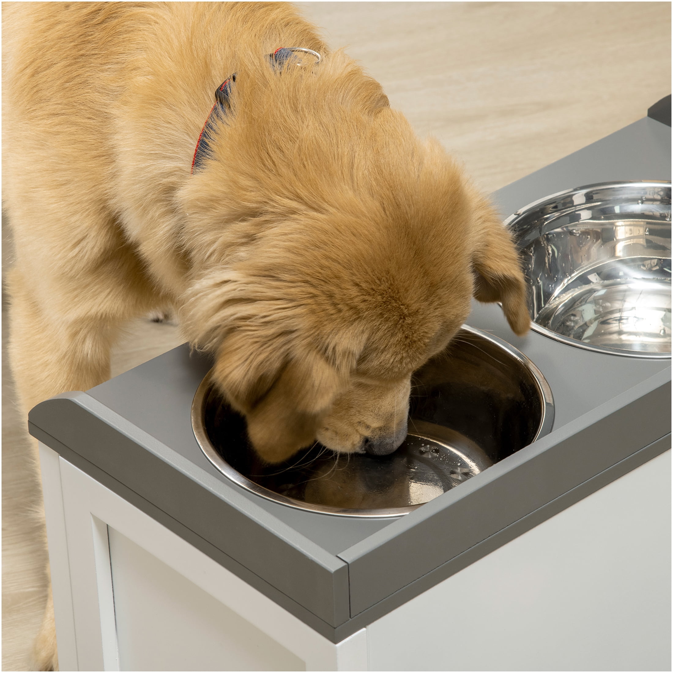 JERFIT Elevated Dog Feeder Station with Storage Drawer, White Wooden Pet Dining Table with 2 Stainless Steel Bowls for Large Dogs