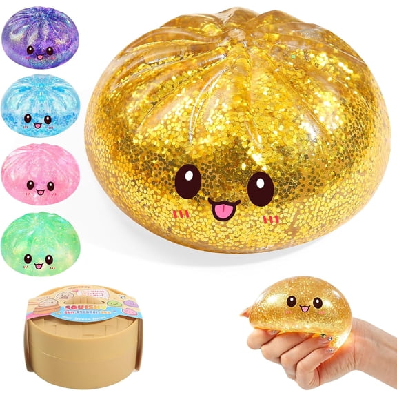 Sugar Glitter Dumpling Squishy,Viral Bao Bun Squishy Dumling Mystery Box,Stress Relief Fidget Squeeze Toys for Holiday & Birthday Gift (Golden)
