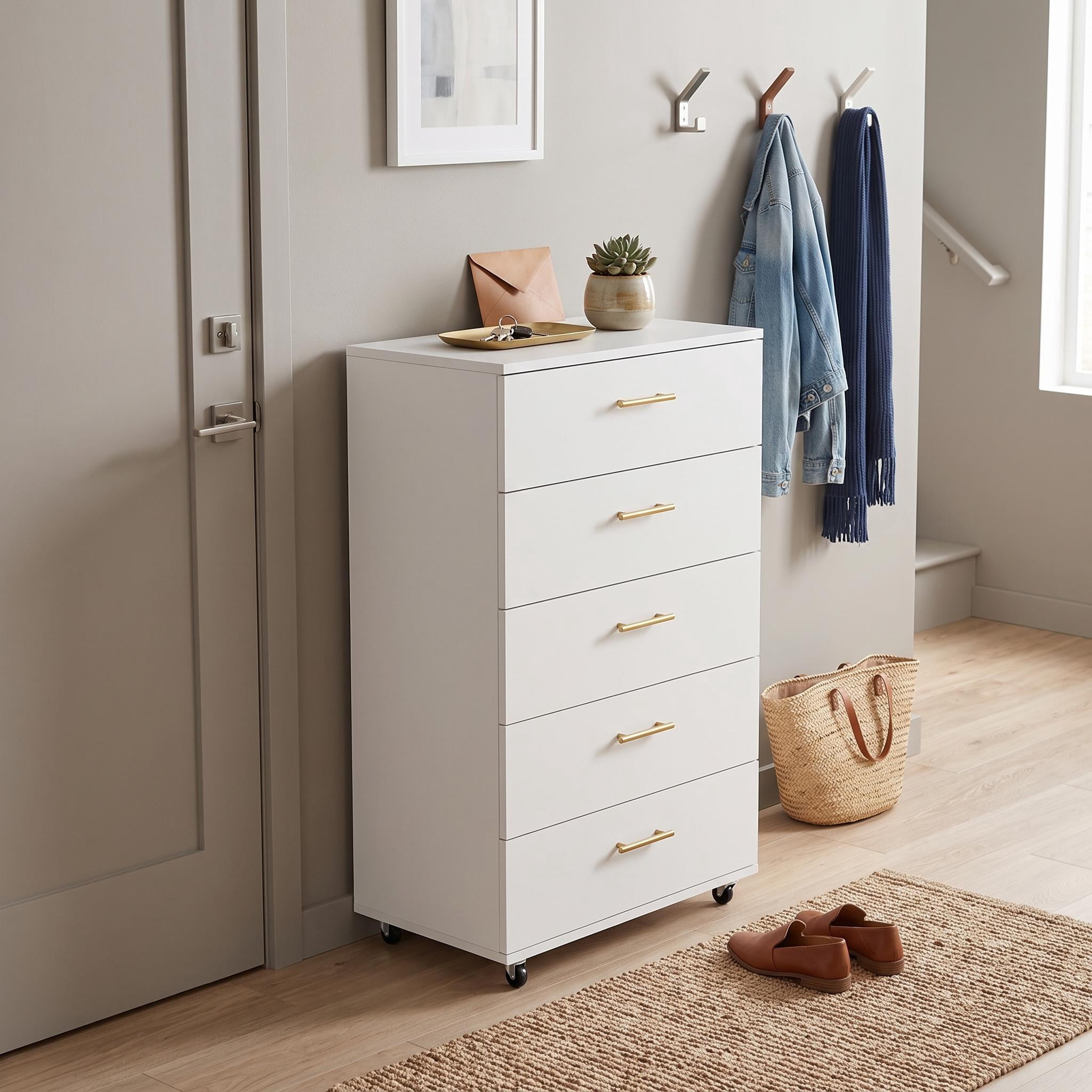Homy Casa White 5 Drawer Dresser with Gold Handles for Bedroom Nursery