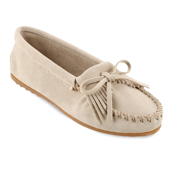 Minnetonka Women's Kilty Suede Hardsole Moccasin, Stone, 9.5 M US