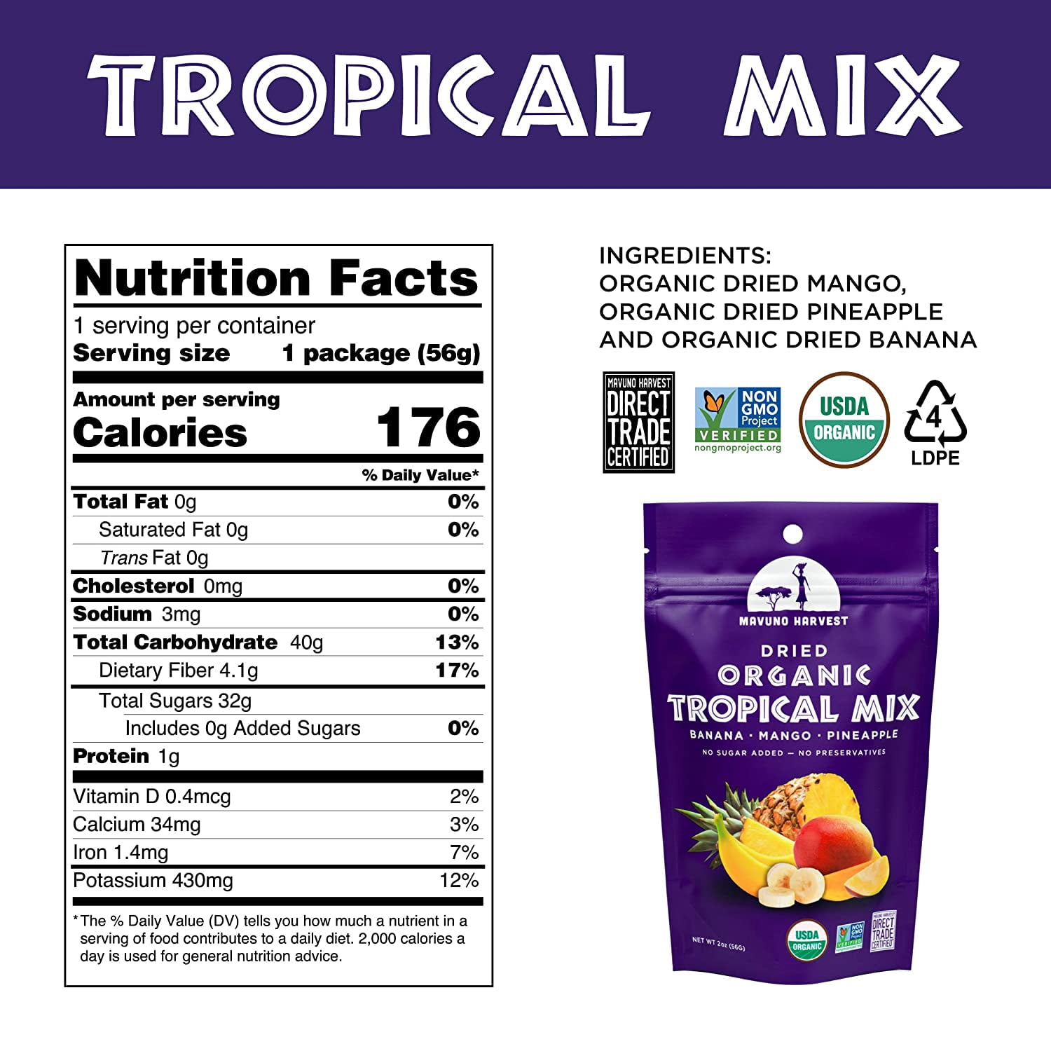 (Pack of 6), Mavuno Harvest Organic Dried Tropical Mix, 2 oz