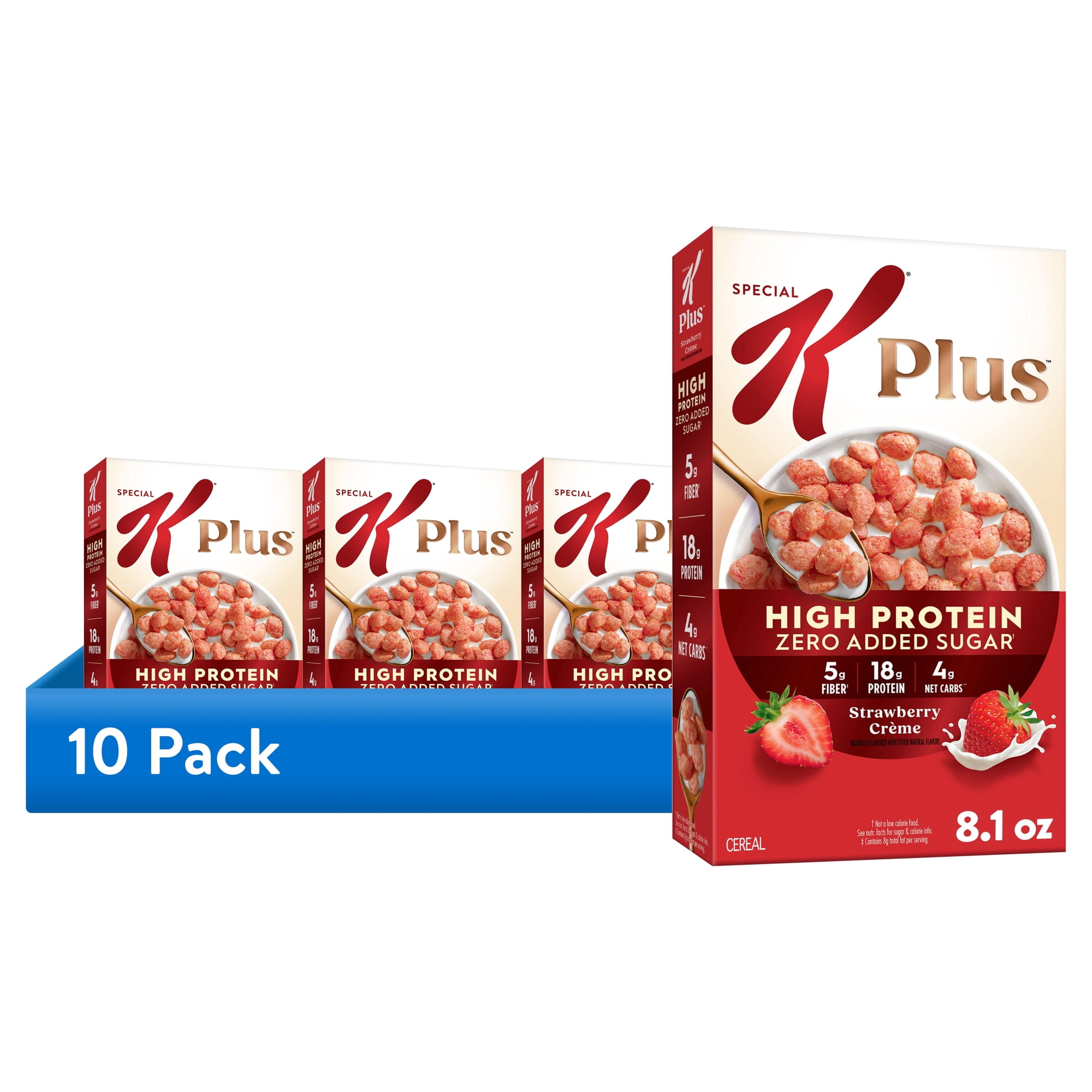 (10 pack) Kellogg's Special K Plus Strawberry Creme High Protein Zero Added Sugar Cereal, Protein Breakfast, 8.1 oz