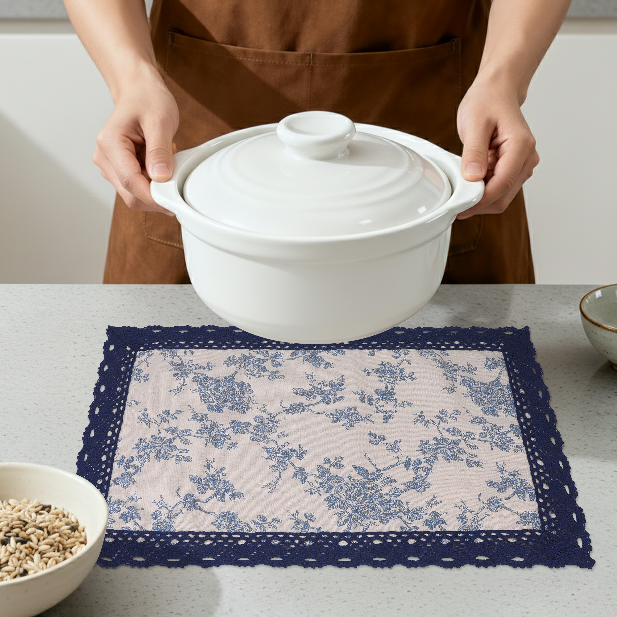 Unique Bargains Set of 6 Rustic Washable Table Mat Placemats with Lace Trim Blue Rose