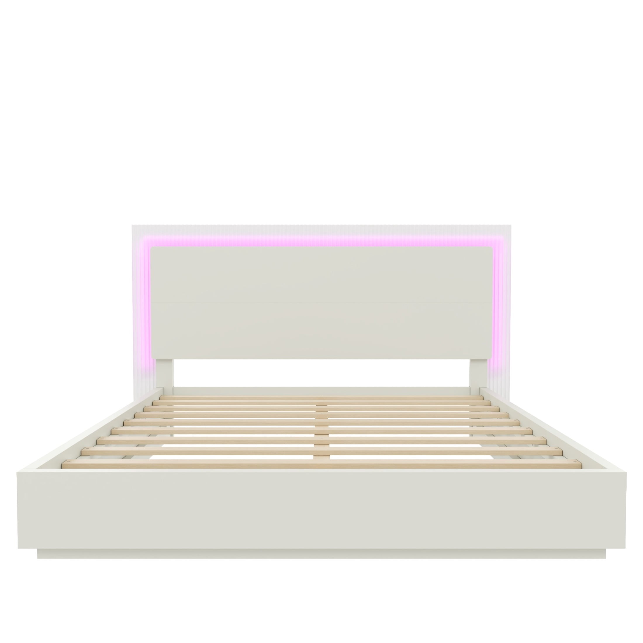 Noble House King Wood Platform Bed Frame with LED Headboard, Modern Mattress Foundation with Center Support, White